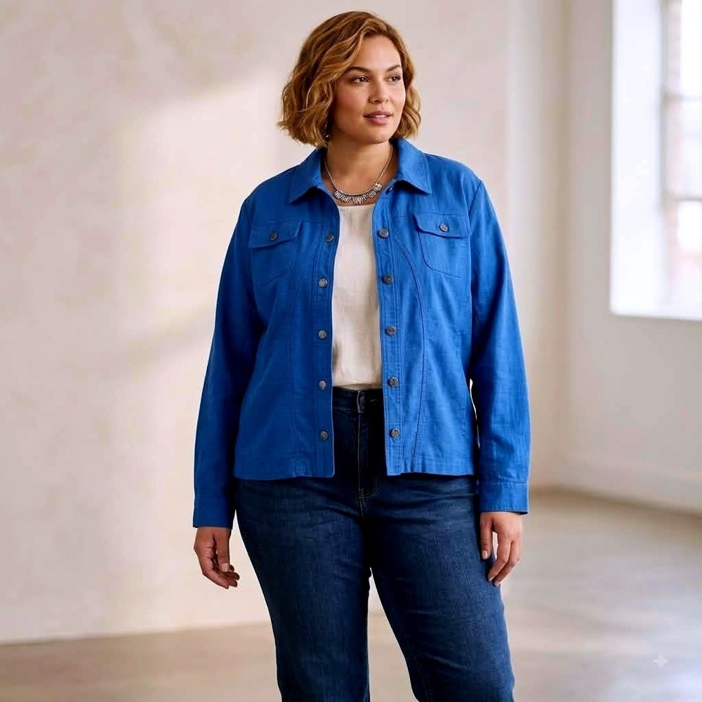 Erin London Royal Blue Textured Slub Button Front Jacket Plus Size 3X